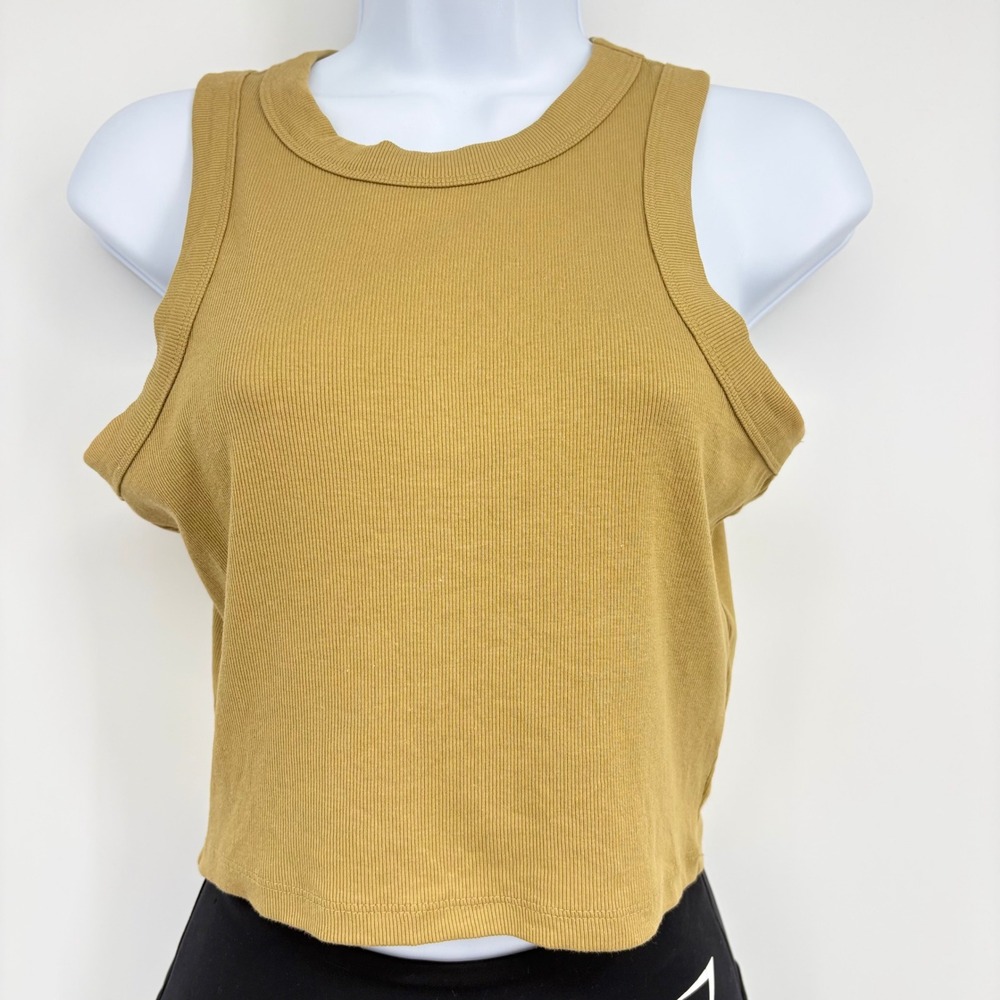 Madewell Ribbed Tank Top Women Small Mustard Yellow High Neck Cropped Sleeveless